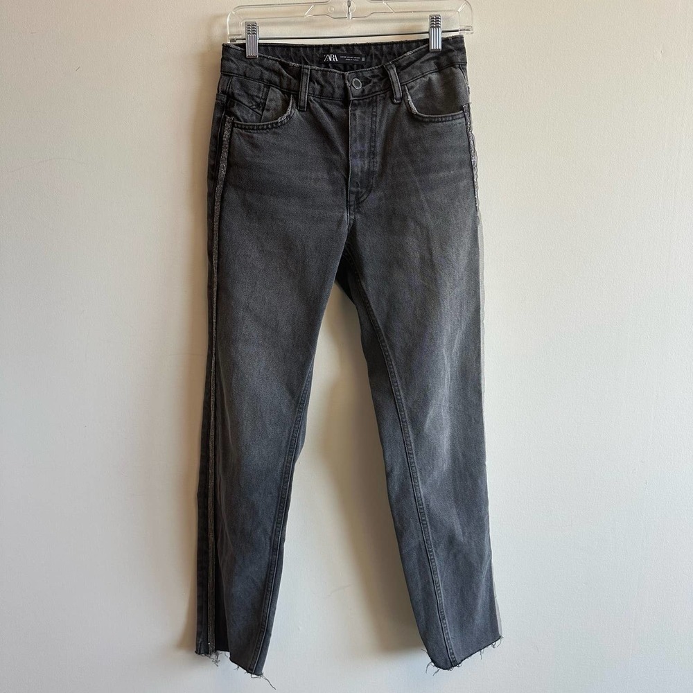 ZARA Dark Grey Black Mom Jeans Straight Side Stripe Studded Beads Size 2 EU 34